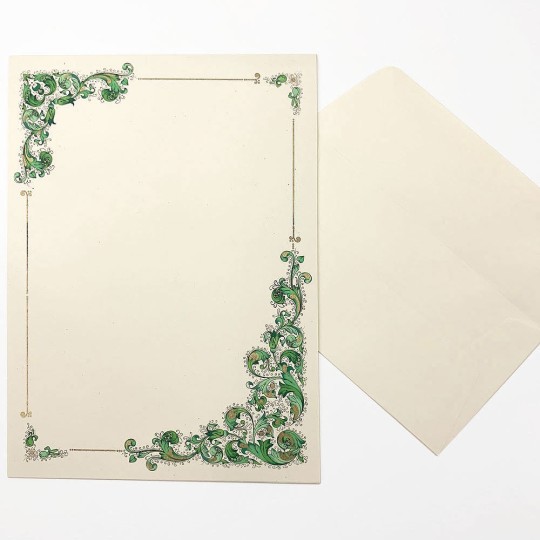 Italian Stationery Letter Writing Set in Portfolio ~ 10 sheets + 10 envelopes ~ Green Florentine